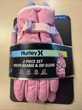 NWT Hurley Youth Pink Beanie & Ski Gloves 2-Piece Set Size Large 10-13yrs